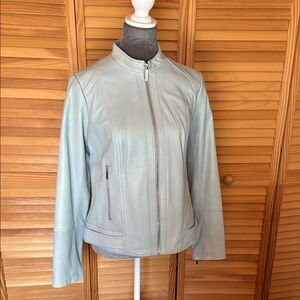 Neiman Marcus Blue Leather Jacket with Standing Collar